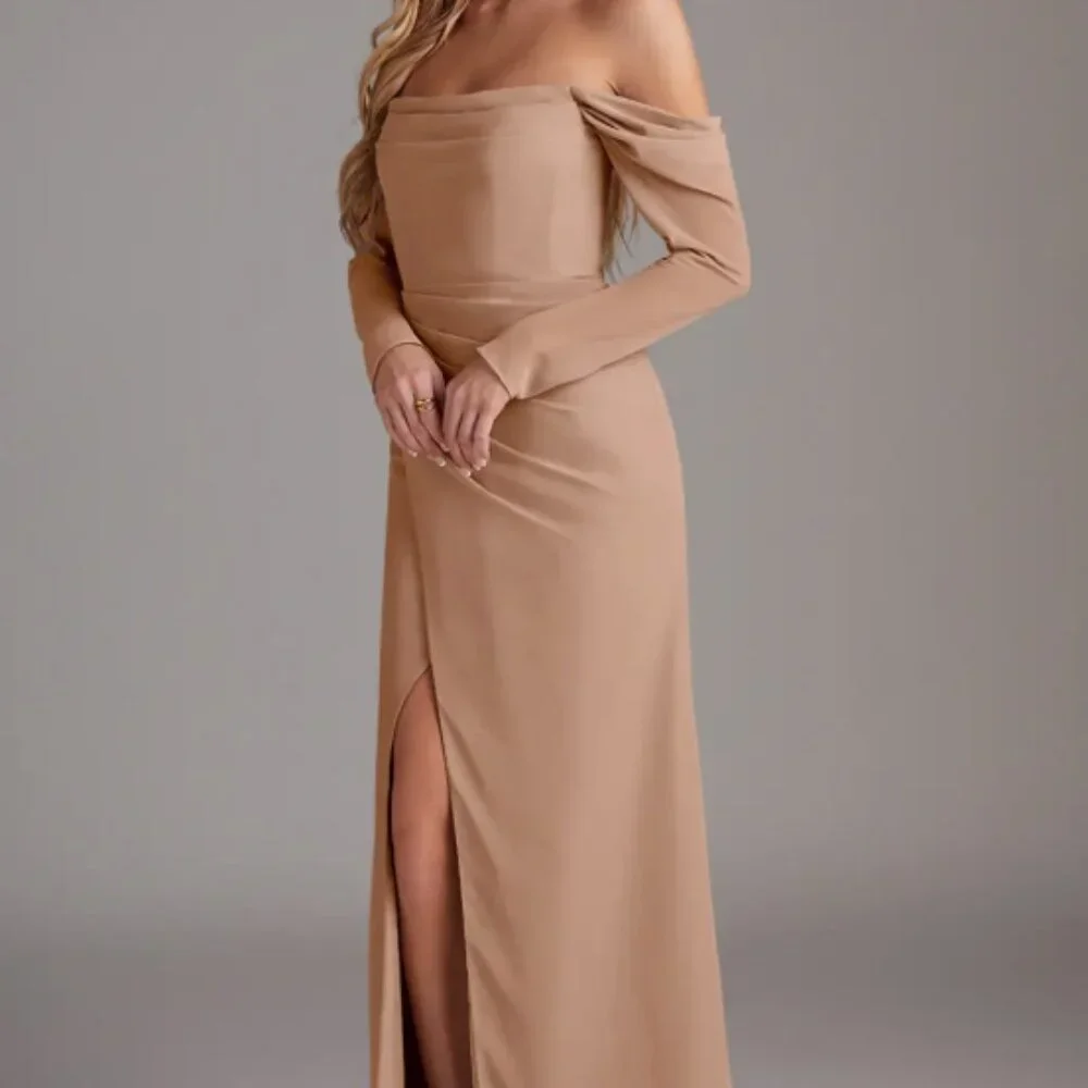 Azazie Hallie Champagne Rose Mermaid Long Sleeve Chiffon Dress - Picture 1 of 4